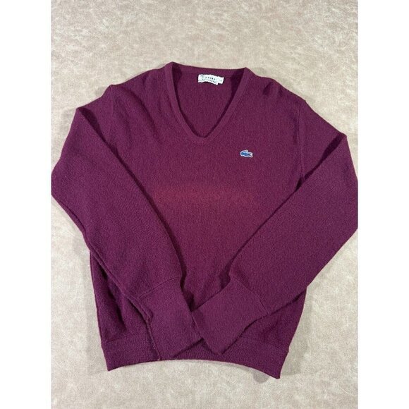 VTG Izod Lacoste Men Logo Sweater V Neck Pullover Long Sleeve Soft Knit Maroon L